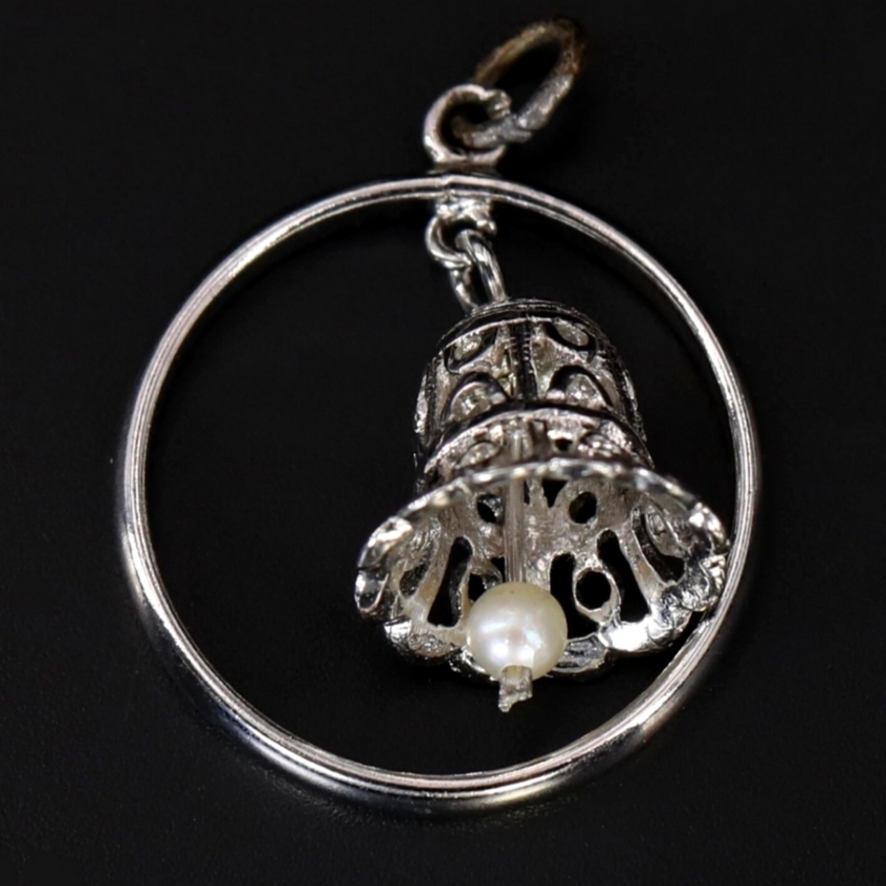 Vintage 925 Sterling Silver STG Faux Pearl Filigree Wedding Bell Bracelet Charm